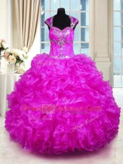 Nice Straps Cap Sleeves Sweet 16 Dresses Floor Length Beading and Ruffles Fuchsia Organza