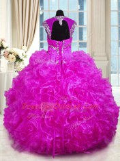 Nice Straps Cap Sleeves Sweet 16 Dresses Floor Length Beading and Ruffles Fuchsia Organza