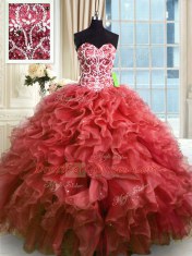 Exceptional Organza Sweetheart Sleeveless Lace Up Beading and Ruffles Quinceanera Dress in Wine Red