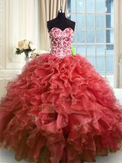 Exceptional Organza Sweetheart Sleeveless Lace Up Beading and Ruffles Quinceanera Dress in Wine Red
