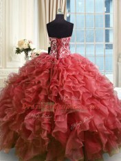 Exceptional Organza Sweetheart Sleeveless Lace Up Beading and Ruffles Quinceanera Dress in Wine Red