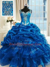 Wonderful Blue Ball Gowns Beading and Ruffles Sweet 16 Dresses Lace Up Organza Sleeveless Floor Length