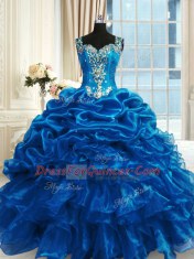 Wonderful Blue Ball Gowns Beading and Ruffles Sweet 16 Dresses Lace Up Organza Sleeveless Floor Length