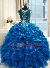 Wonderful Blue Ball Gowns Beading and Ruffles Sweet 16 Dresses Lace Up Organza Sleeveless Floor Length