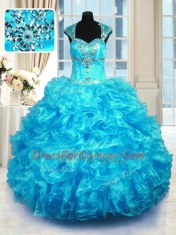 Super Floor Length Aqua Blue Vestidos de Quinceanera Organza Cap Sleeves Beading and Ruffles