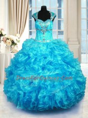 Super Floor Length Aqua Blue Vestidos de Quinceanera Organza Cap Sleeves Beading and Ruffles