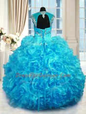Super Floor Length Aqua Blue Vestidos de Quinceanera Organza Cap Sleeves Beading and Ruffles