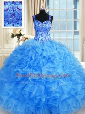 Baby Blue Ball Gowns Beading and Embroidery and Ruffles Ball Gown Prom Dress Lace Up Organza Sleeveless Floor Length