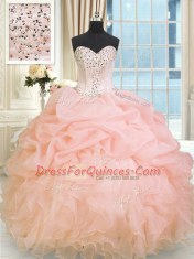 Spectacular Baby Pink Sleeveless Beading and Ruffles Floor Length Ball Gown Prom Dress