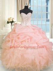 Spectacular Baby Pink Sleeveless Beading and Ruffles Floor Length Ball Gown Prom Dress