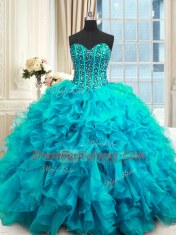 Sequins Ball Gowns Sweet 16 Dresses Baby Blue Sweetheart Organza Sleeveless Floor Length Lace Up