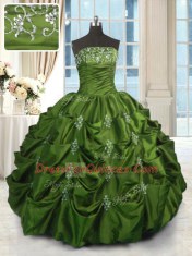 Pick Ups Ball Gowns Quince Ball Gowns Green Strapless Taffeta Sleeveless Floor Length Lace Up