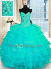 Flare Ruffled Sweetheart Sleeveless Lace Up Quinceanera Gowns Turquoise Organza