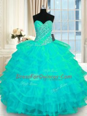 Flare Ruffled Sweetheart Sleeveless Lace Up Quinceanera Gowns Turquoise Organza