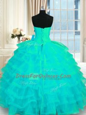 Flare Ruffled Sweetheart Sleeveless Lace Up Quinceanera Gowns Turquoise Organza