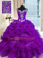 Straps Sleeveless Organza Sweet 16 Dresses Beading and Ruffles and Pick Ups Lace Up