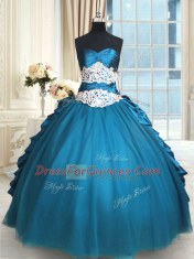 Captivating Teal Sleeveless Floor Length Beading and Lace and Appliques and Ruching Lace Up Ball Gown Prom Dress