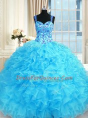 Fabulous Floor Length Ball Gowns Sleeveless Baby Blue Quince Ball Gowns Lace Up