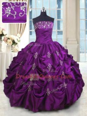 Super Eggplant Purple Ball Gowns Beading and Appliques and Embroidery and Pick Ups Quinceanera Gowns Lace Up Taffeta Sleeveless Floor Length