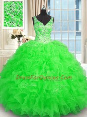 Green Zipper Sweet 16 Quinceanera Dress Beading and Ruffles Sleeveless Floor Length