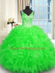 Green Zipper Sweet 16 Quinceanera Dress Beading and Ruffles Sleeveless Floor Length