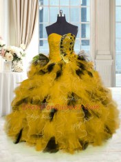 Gold Quince Ball Gowns Military Ball and Sweet 16 and Quinceanera and For with Beading and Ruffles Strapless Sleeveless Lace Up