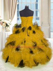 Gold Quince Ball Gowns Military Ball and Sweet 16 and Quinceanera and For with Beading and Ruffles Strapless Sleeveless Lace Up