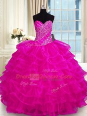 Dazzling Ruffled Floor Length Fuchsia Sweet 16 Quinceanera Dress Sweetheart Sleeveless Lace Up