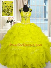 Floor Length Ball Gowns Cap Sleeves Yellow Sweet 16 Dresses Lace Up