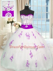 White Lace Up Sweetheart Appliques and Belt Quinceanera Gowns Organza Sleeveless