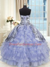 Popular Floor Length Lace Up Sweet 16 Quinceanera Dress Lavender for Military Ball and Sweet 16 and Quinceanera with Beading and Embroidery and Ruffled Layers