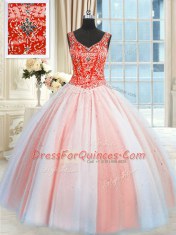 Multi-color Ball Gowns V-neck Sleeveless Tulle Floor Length Lace Up Beading and Sequins Vestidos de Quinceanera