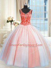 Multi-color Ball Gowns V-neck Sleeveless Tulle Floor Length Lace Up Beading and Sequins Vestidos de Quinceanera