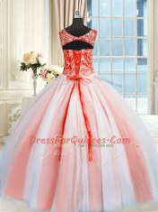 Multi-color Ball Gowns V-neck Sleeveless Tulle Floor Length Lace Up Beading and Sequins Vestidos de Quinceanera