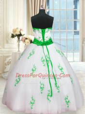 Cute White Tulle Lace Up Sweetheart Sleeveless Floor Length Quinceanera Gowns Appliques and Belt