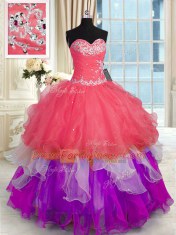 Popular Sweetheart Sleeveless 15 Quinceanera Dress Floor Length Beading and Appliques Multi-color Organza