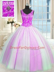 Delicate Multi-color Quince Ball Gowns Military Ball and Sweet 16 and Quinceanera and For with Beading and Sequins V-neck Sleeveless Lace Up