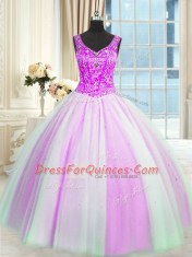 Delicate Multi-color Quince Ball Gowns Military Ball and Sweet 16 and Quinceanera and For with Beading and Sequins V-neck Sleeveless Lace Up