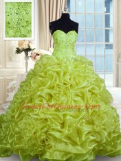 Sexy Olive Green Lace Up Sweet 16 Dresses Beading and Pick Ups Sleeveless With Train Sweep Train