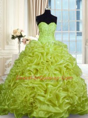 Sexy Olive Green Lace Up Sweet 16 Dresses Beading and Pick Ups Sleeveless With Train Sweep Train