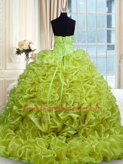 Sexy Olive Green Lace Up Sweet 16 Dresses Beading and Pick Ups Sleeveless With Train Sweep Train