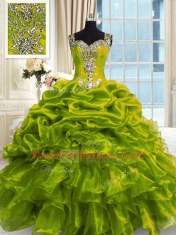 Graceful Sleeveless Floor Length Beading Lace Up Quinceanera Dresses with Olive Green