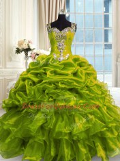 Graceful Sleeveless Floor Length Beading Lace Up Quinceanera Dresses with Olive Green