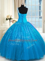 One Shoulder Baby Blue Sleeveless Floor Length Appliques Lace Up Sweet 16 Quinceanera Dress