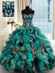 Low Price Sleeveless Floor Length Appliques Lace Up 15 Quinceanera Dress with Multi-color