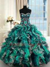 Low Price Sleeveless Floor Length Appliques Lace Up 15 Quinceanera Dress with Multi-color