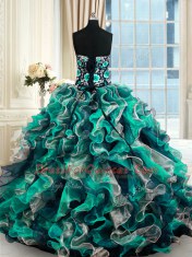 Low Price Sleeveless Floor Length Appliques Lace Up 15 Quinceanera Dress with Multi-color