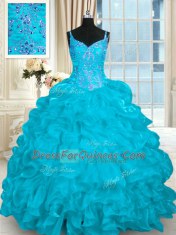 Exceptional Beading and Embroidery and Ruffles Quince Ball Gowns Aqua Blue Lace Up Sleeveless Brush Train