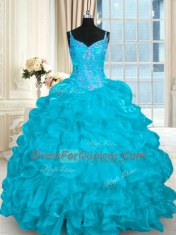 Exceptional Beading and Embroidery and Ruffles Quince Ball Gowns Aqua Blue Lace Up Sleeveless Brush Train