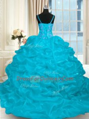 Exceptional Beading and Embroidery and Ruffles Quince Ball Gowns Aqua Blue Lace Up Sleeveless Brush Train